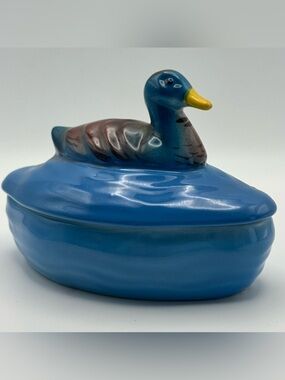 Vintage PV Marked Duck Covered Trinket Dish Made in England Ceramic Mallard Box